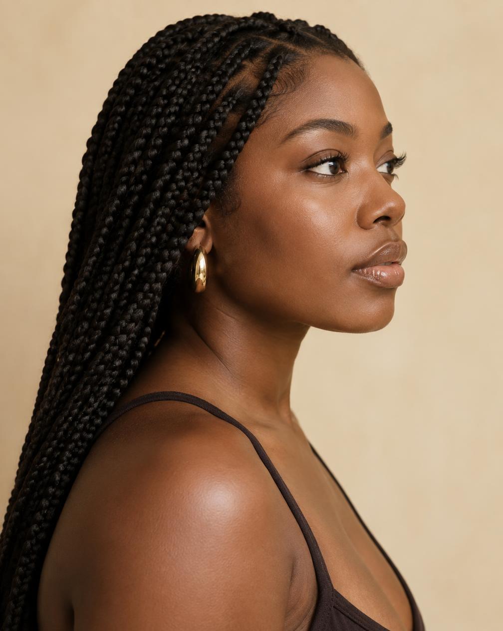 Client with long knotless braids styled at LABRUSH