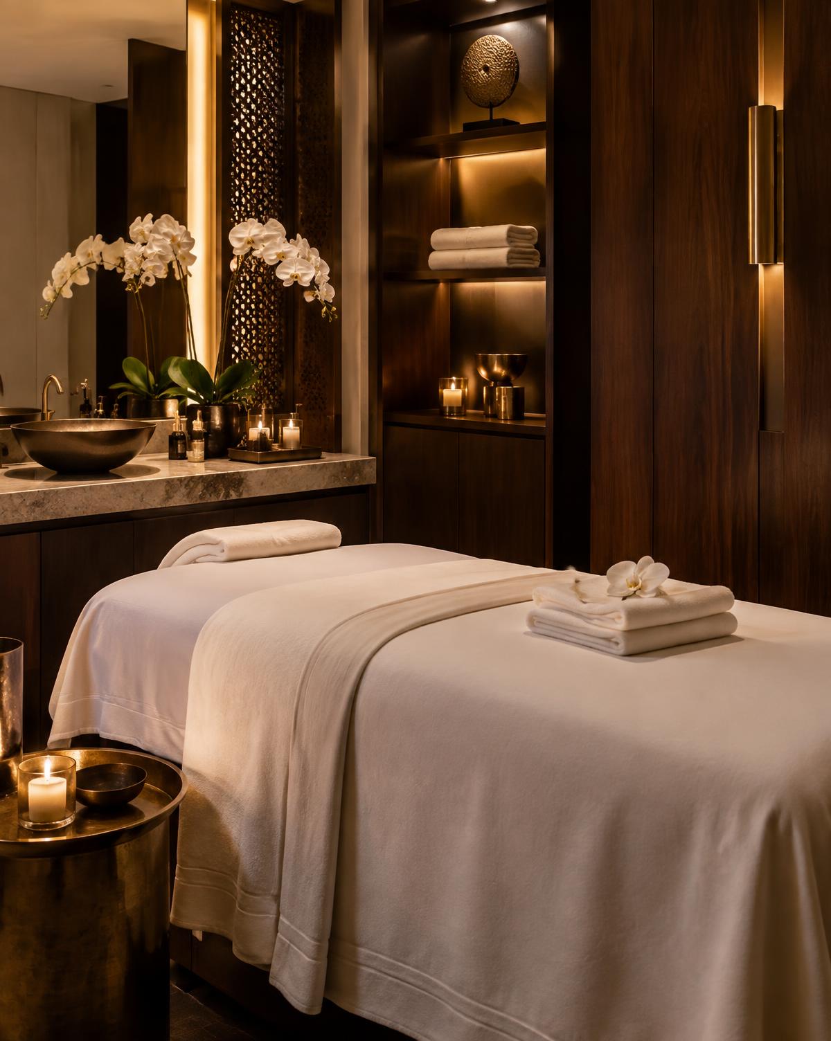 Quiet massage treatment room prepared with fresh linens