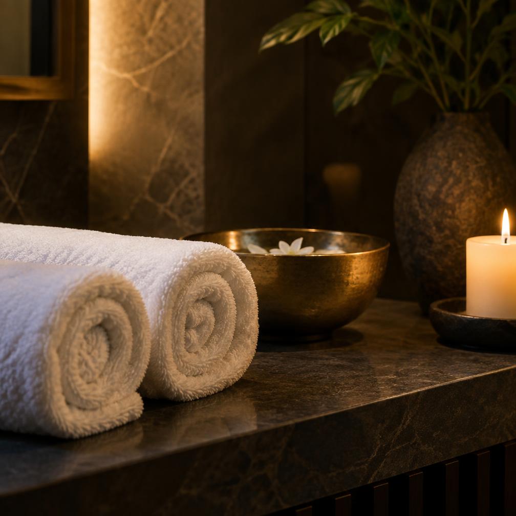 Rolled towels and a brass bowl in the LABRUSH spa