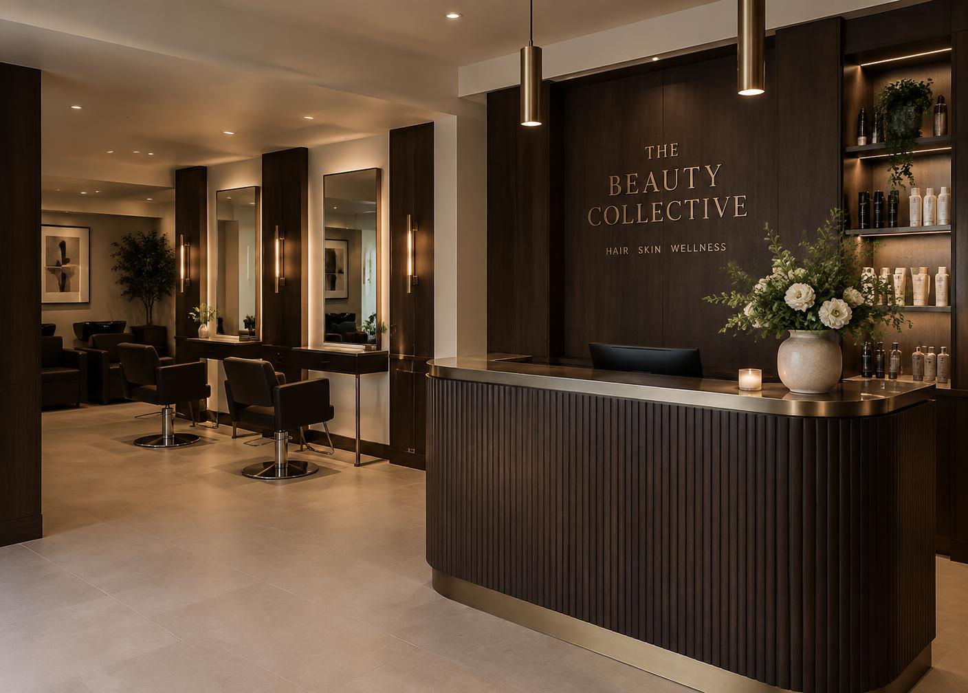 Interior of the LABRUSH salon with warm lighting and dark wood